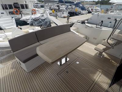 Deck of Serendipity, a Jeanneau Prestige 500 Fly yacht at Grad Šibenik, Croatia