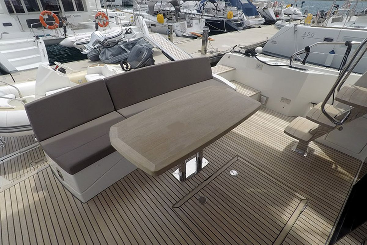 Deck of Serendipity, a Jeanneau Prestige 500 Fly yacht at Grad Šibenik, Croatia