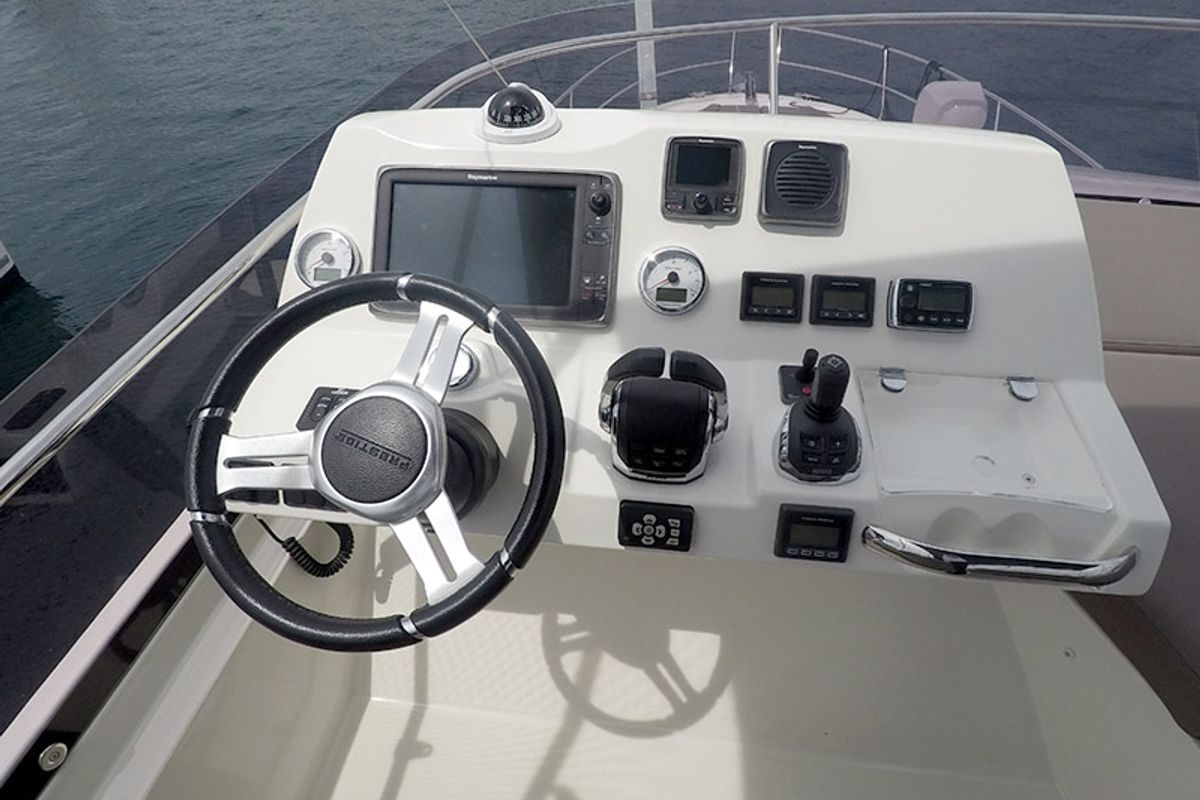 Cockpit of Serendipity, a Jeanneau Prestige 500 Fly yacht at Grad Šibenik, Croatia