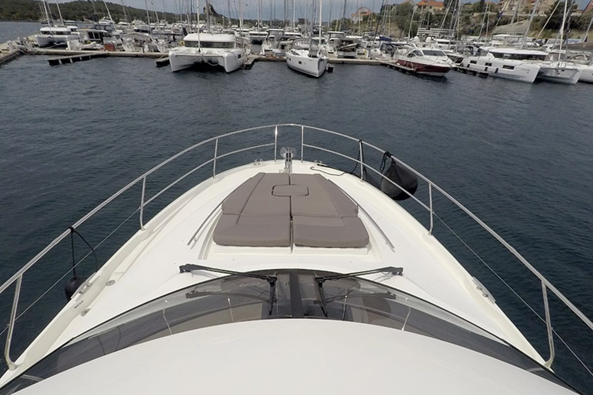 Deck of Serendipity, a Jeanneau Prestige 500 Fly yacht at Grad Šibenik, Croatia