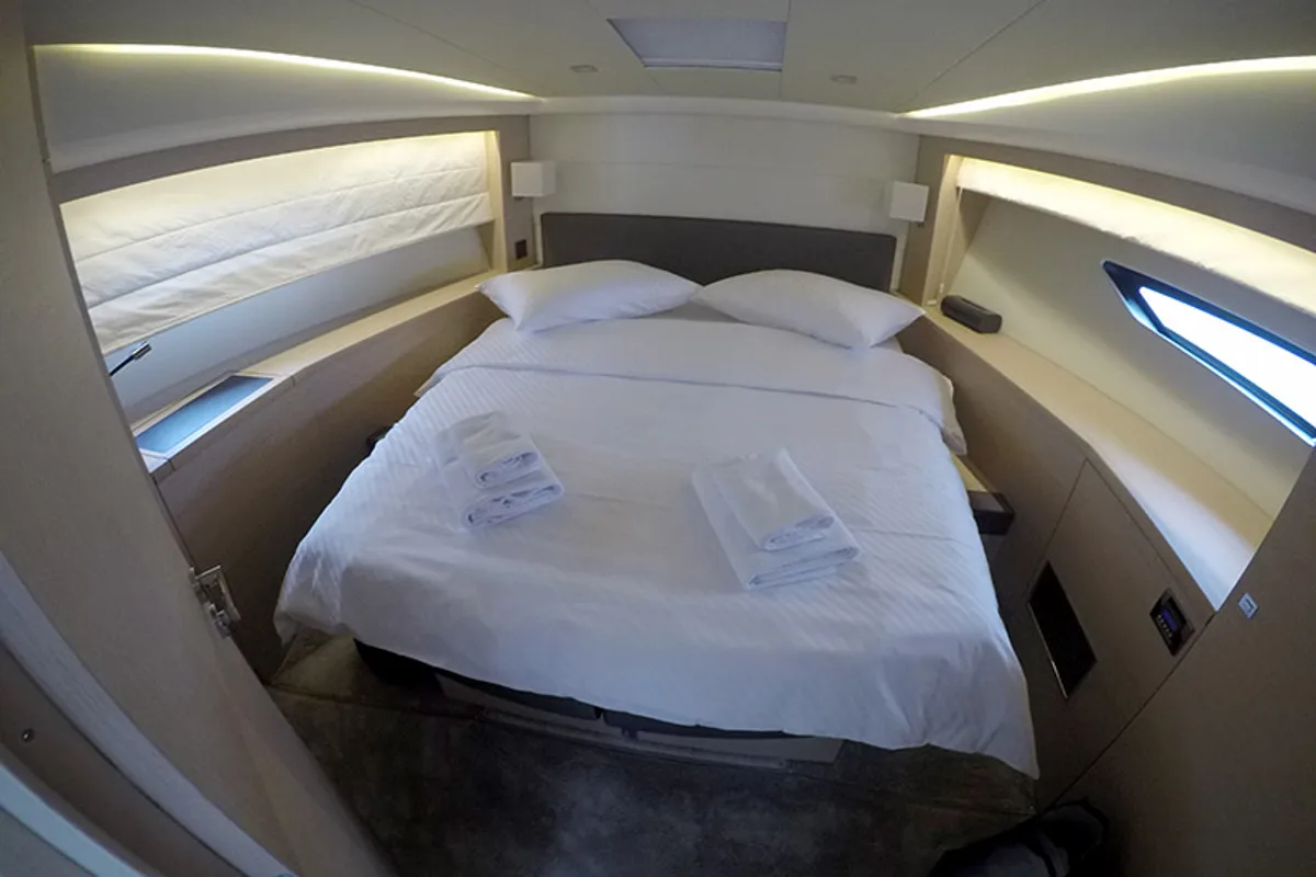 Cabin on Serendipity, a Jeanneau Prestige 500 Fly yacht at Grad Šibenik, Croatia