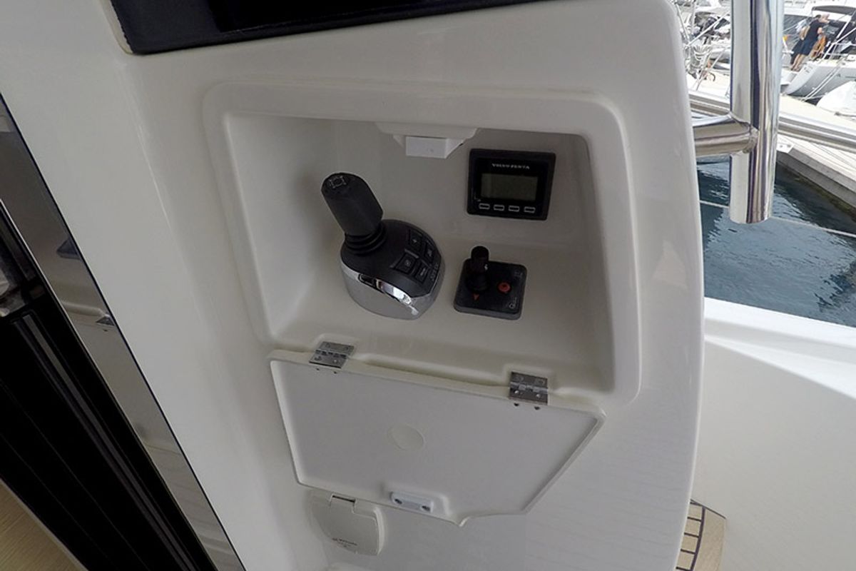 Cockpit of Serendipity, a Jeanneau Prestige 500 Fly yacht at Grad Šibenik, Croatia