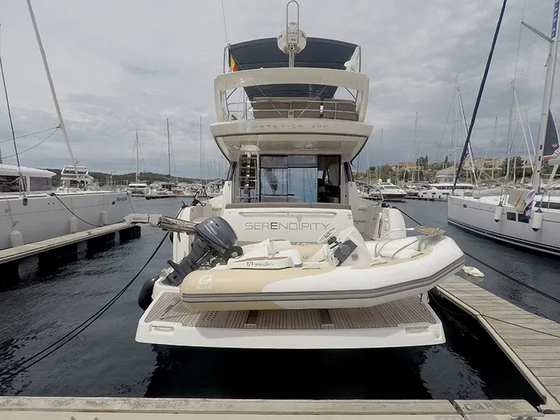 Exterior view of Serendipity, a Jeanneau Prestige 500 Fly yacht at Grad Šibenik, Croatia