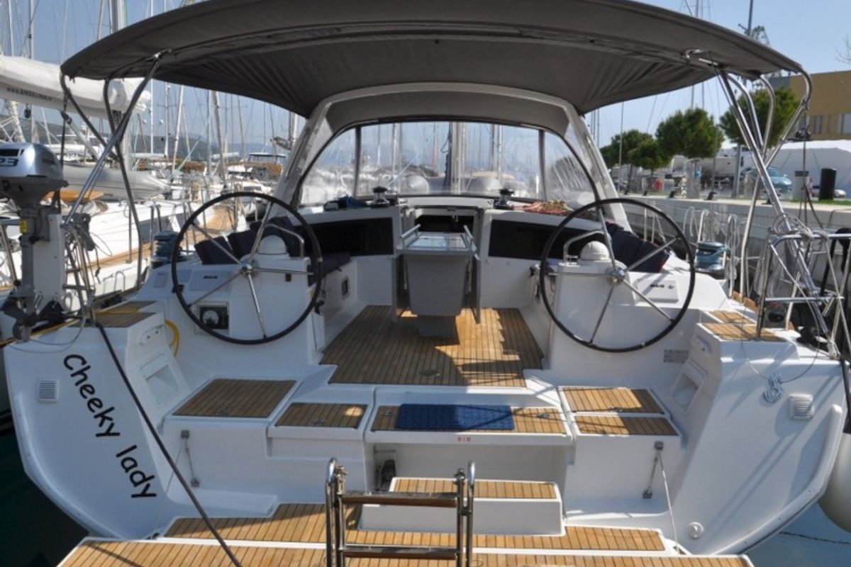 Cockpit of Cheeky Lady, a Beneteau Oceanis 48 sailboat at Punat, Croatia