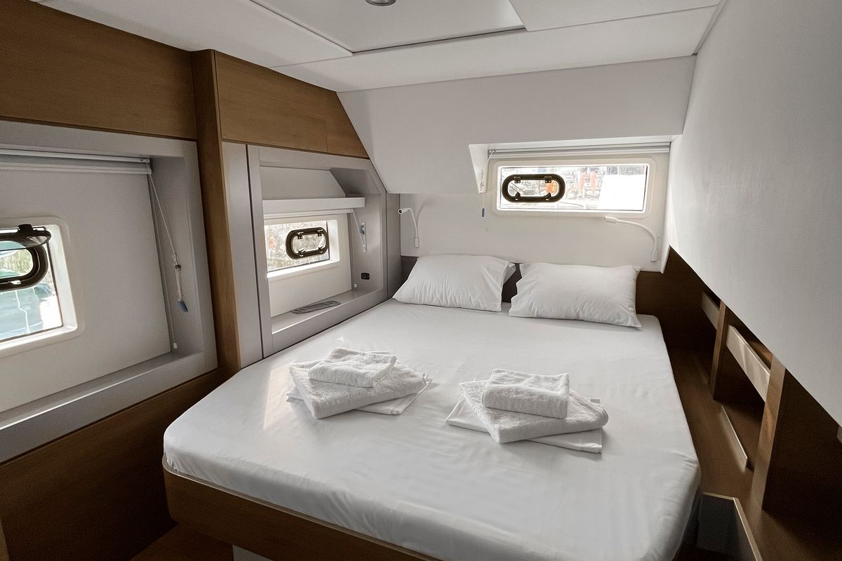 Cabin on Enma, a Bali 4.6 catamaran at Athens, Greece