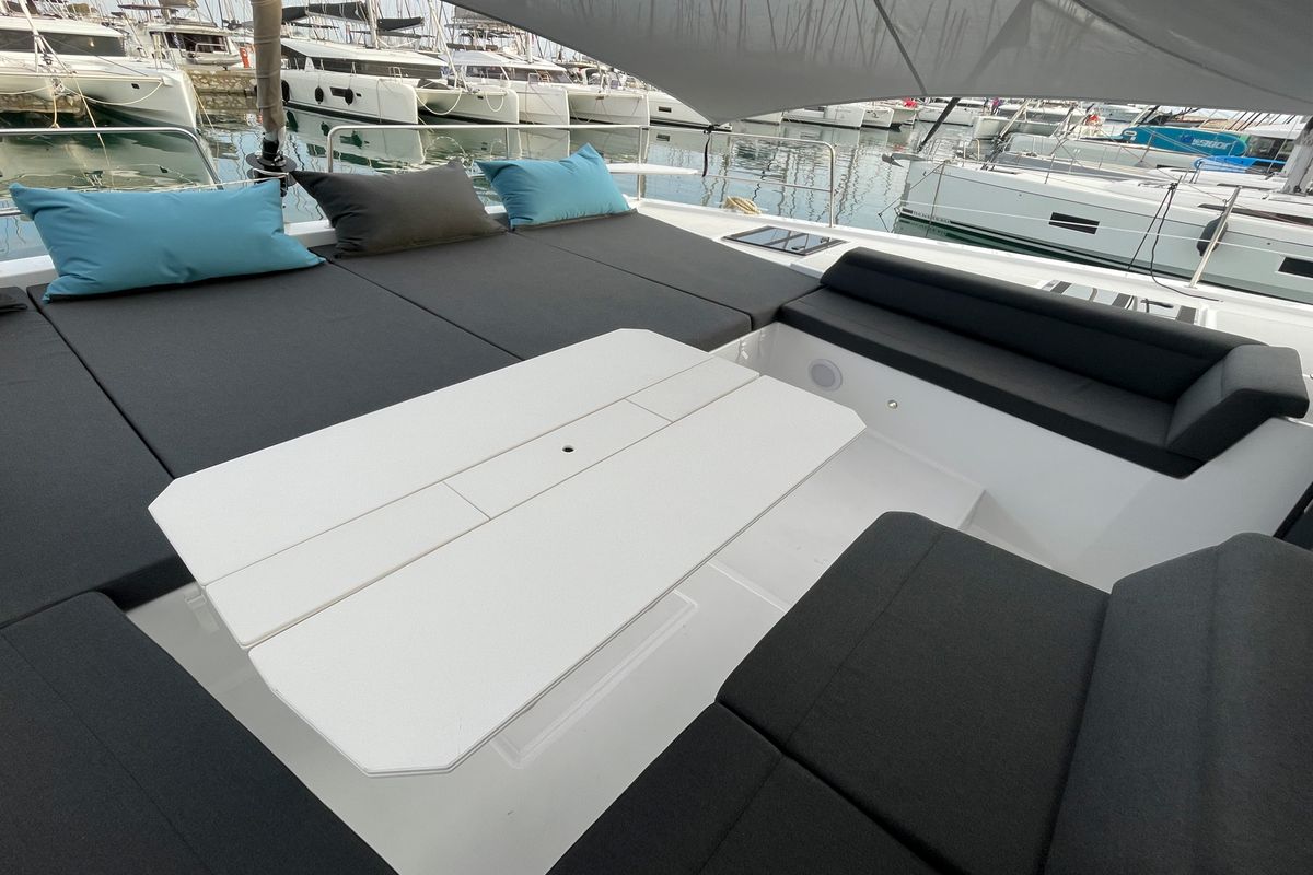 Deck of Enma, a Bali 4.6 catamaran at Athens, Greece