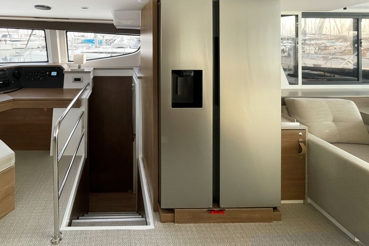 Salon of Enma, a Bali 4.6 catamaran at Athens, Greece