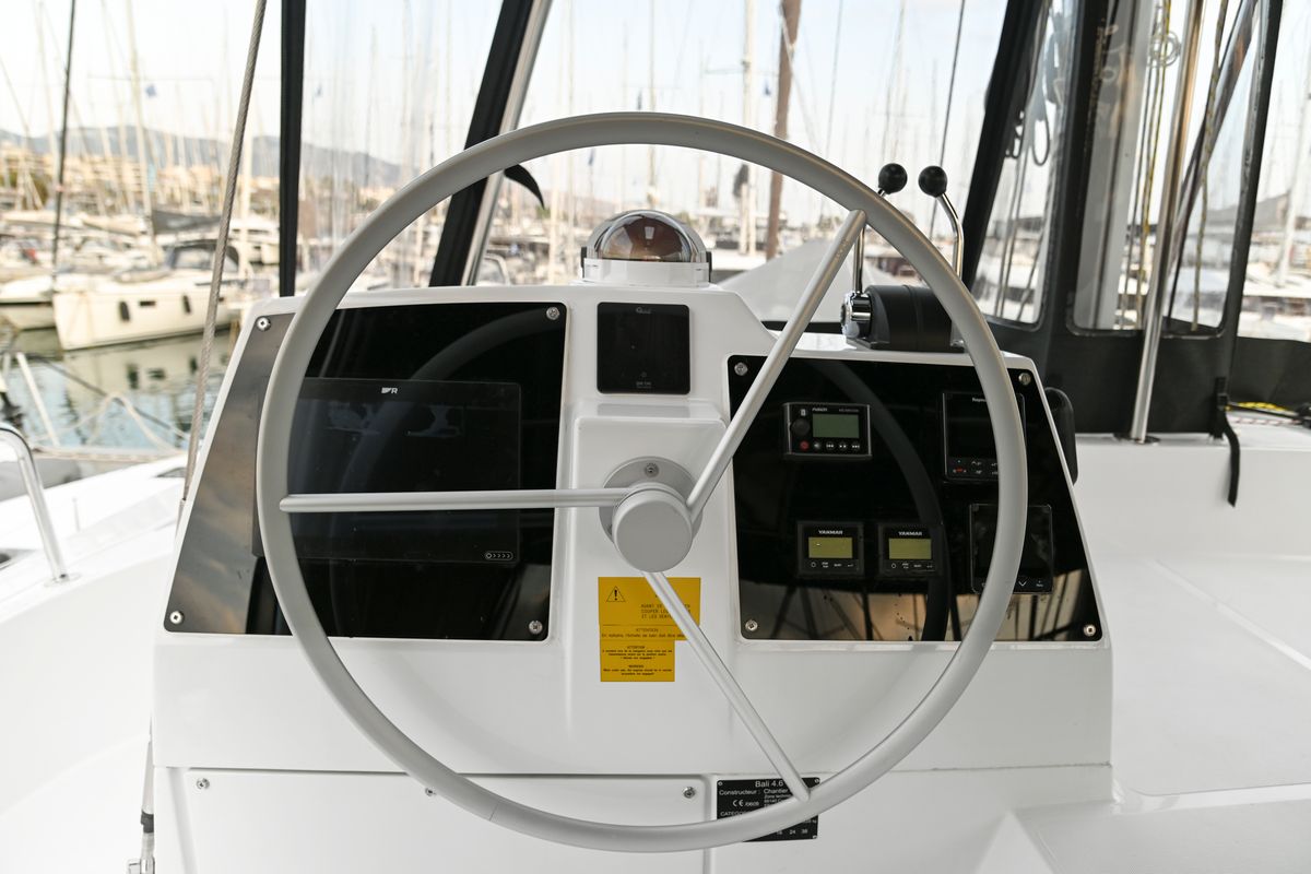 Cockpit of Enma, a Bali 4.6 catamaran at Athens, Greece