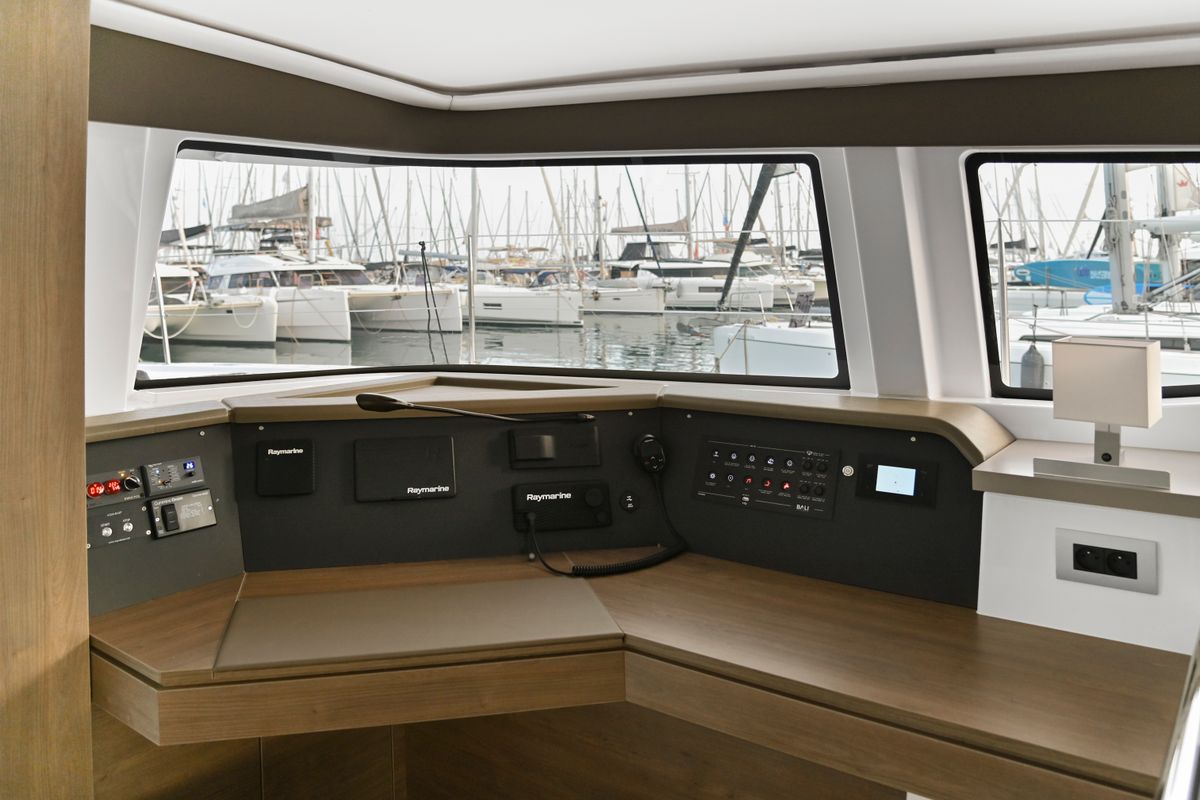Cockpit of Enma, a Bali 4.6 catamaran at Athens, Greece
