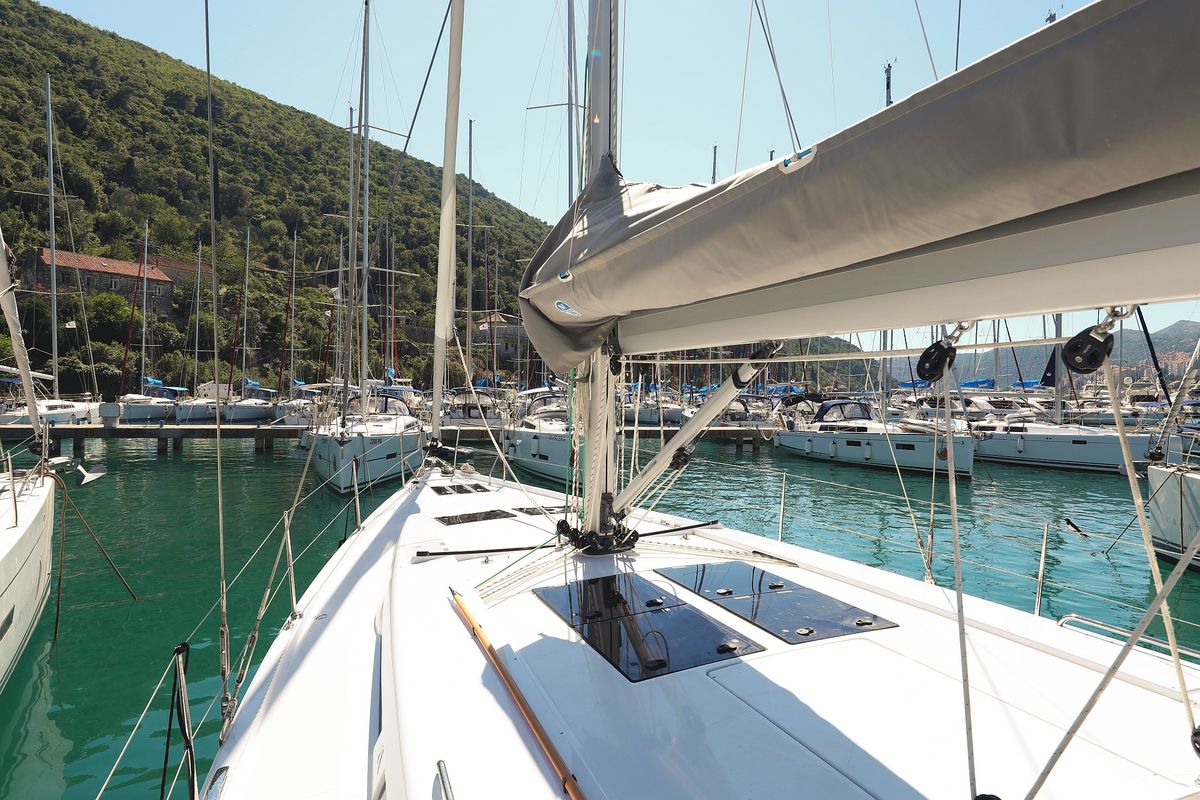 Deck of Chloe, a Hanse Yachts Hanse 458 sailboat at Grad Kaštela, Croatia