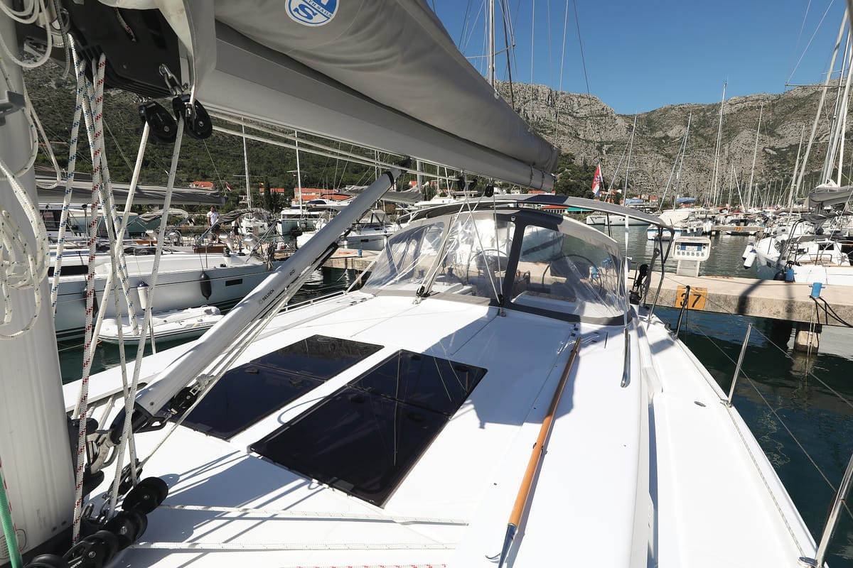 Deck of Chloe, a Hanse Yachts Hanse 458 sailboat at Grad Kaštela, Croatia
