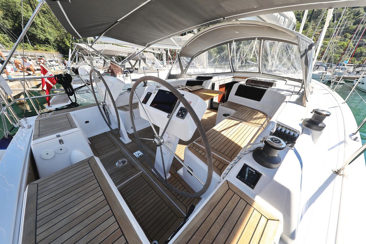 Cockpit of Chloe, a Hanse Yachts Hanse 458 sailboat at Grad Kaštela, Croatia