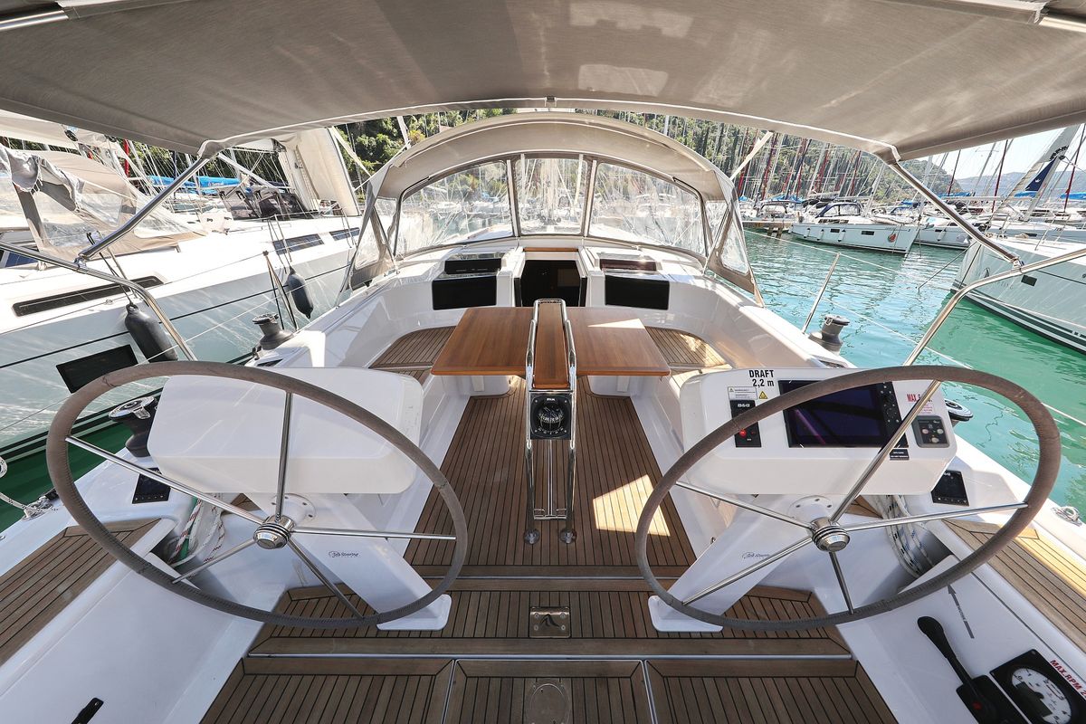 Cockpit of Chloe, a Hanse Yachts Hanse 458 sailboat at Grad Kaštela, Croatia