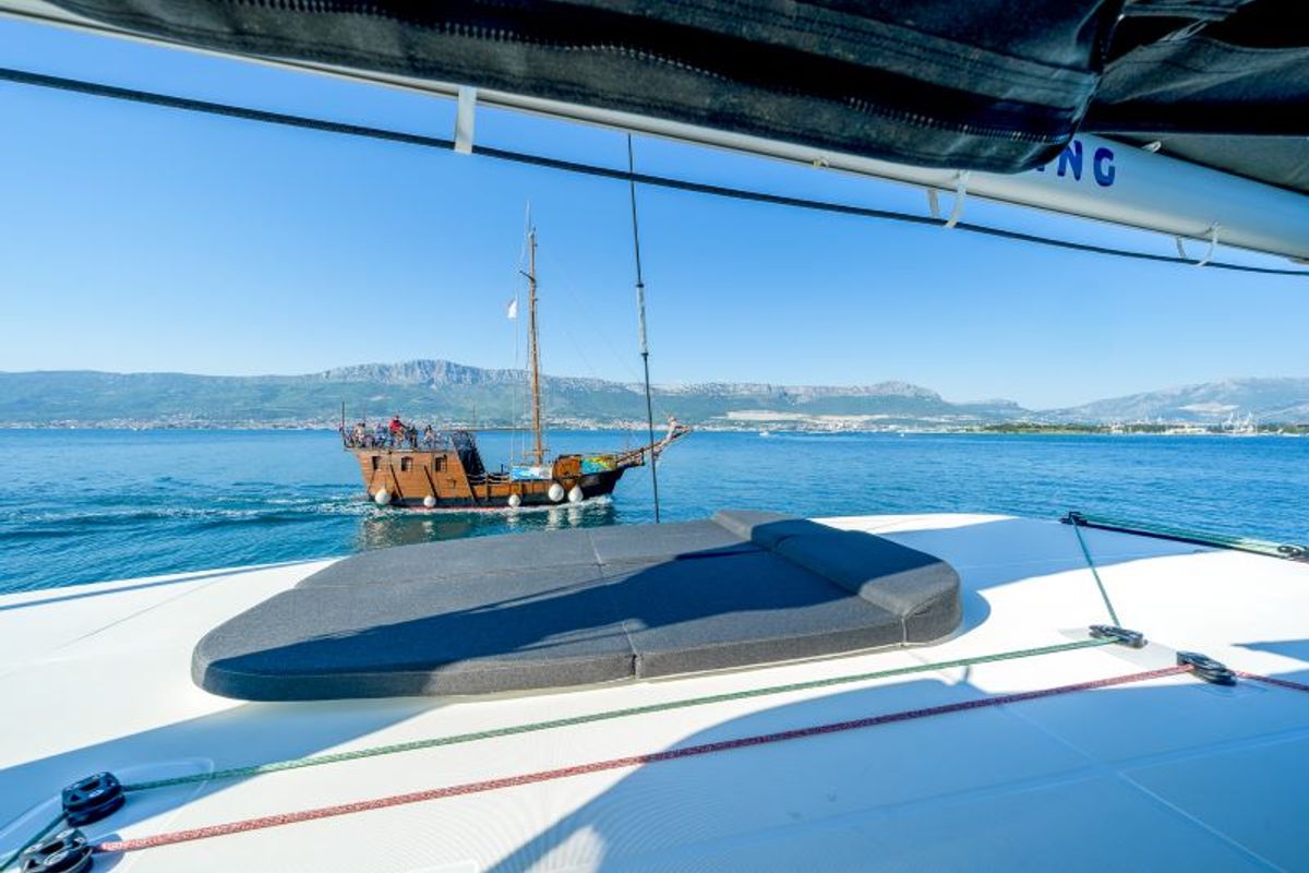 Deck of Olyntha, a Lagoon 42 catamaran at Grad Kaštela, Croatia