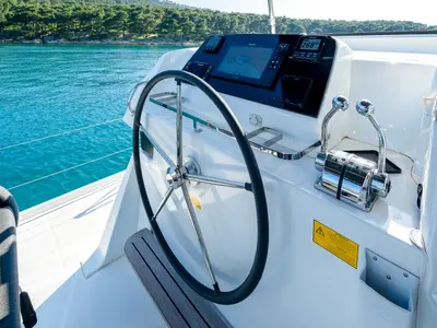 Cockpit of Olyntha, a Lagoon 42 catamaran at Grad Kaštela, Croatia