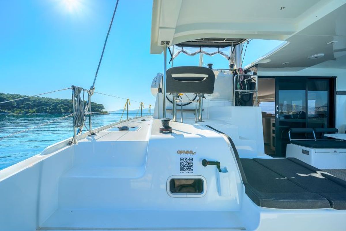 Deck of Olyntha, a Lagoon 42 catamaran at Grad Kaštela, Croatia