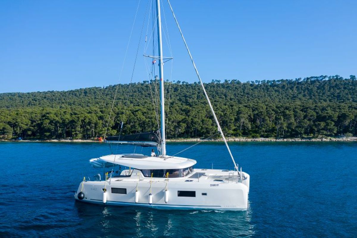 Exterior view of Olyntha, a Lagoon 42 catamaran at Grad Kaštela, Croatia