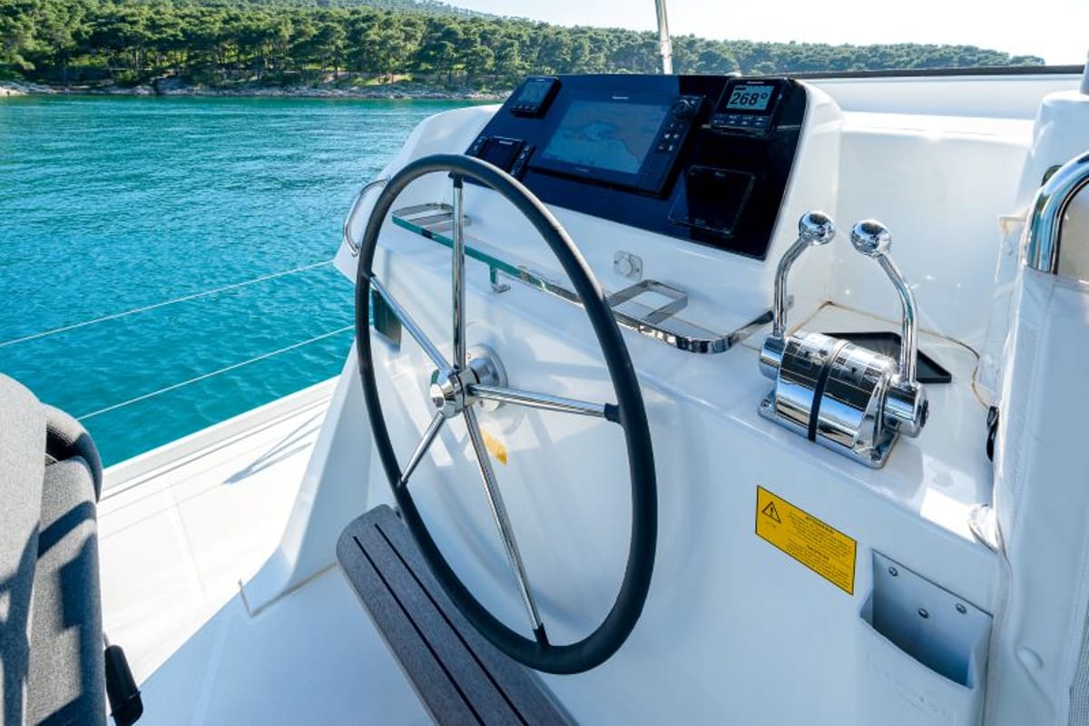 Cockpit of Olyntha, a Lagoon 42 catamaran at Grad Kaštela, Croatia