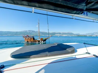 Deck of Olyntha, a Lagoon 42 catamaran at Grad Kaštela, Croatia