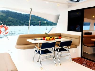Deck of Kanhka, a CatFlash 43 catamaran at Paraty, Brazil