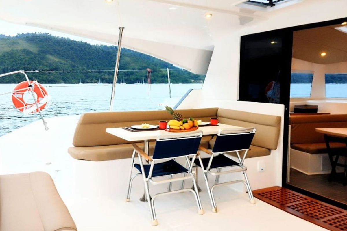 Deck of Kanhka, a CatFlash 43 catamaran at Paraty, Brazil