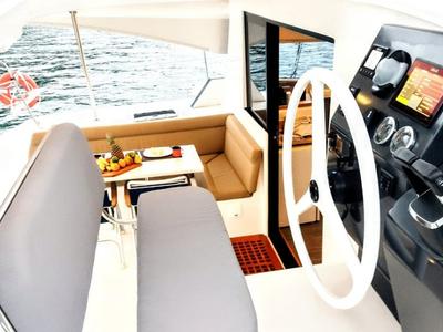 Cockpit of Kanhka, a CatFlash 43 catamaran at Paraty, Brazil