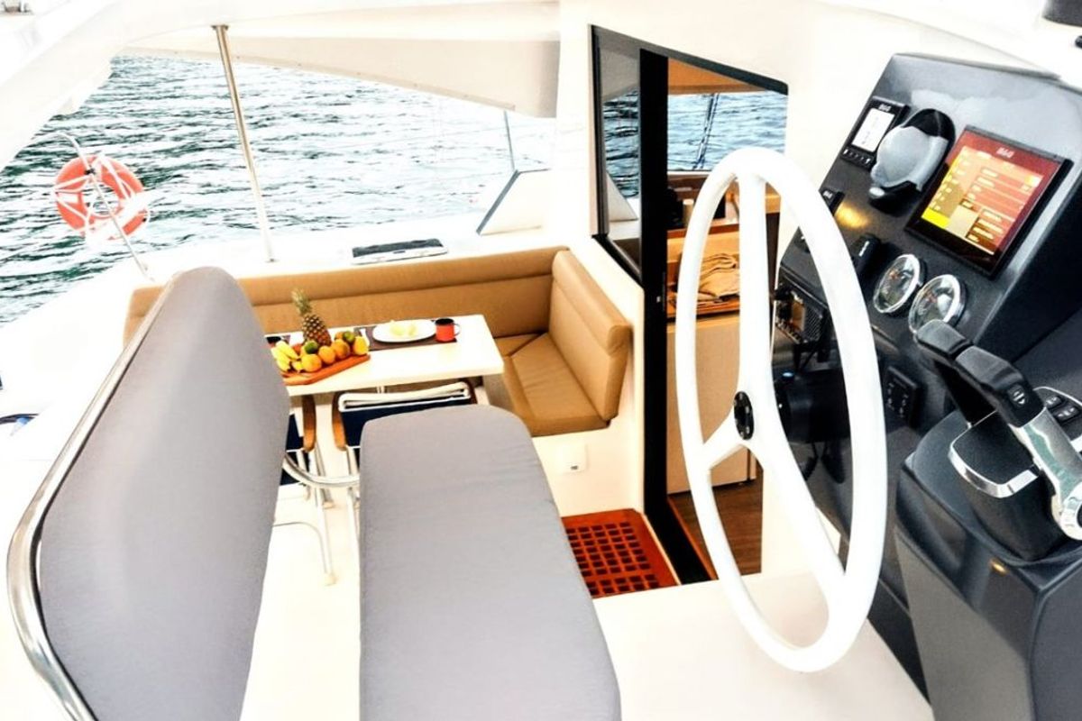 Cockpit of Kanhka, a CatFlash 43 catamaran at Paraty, Brazil