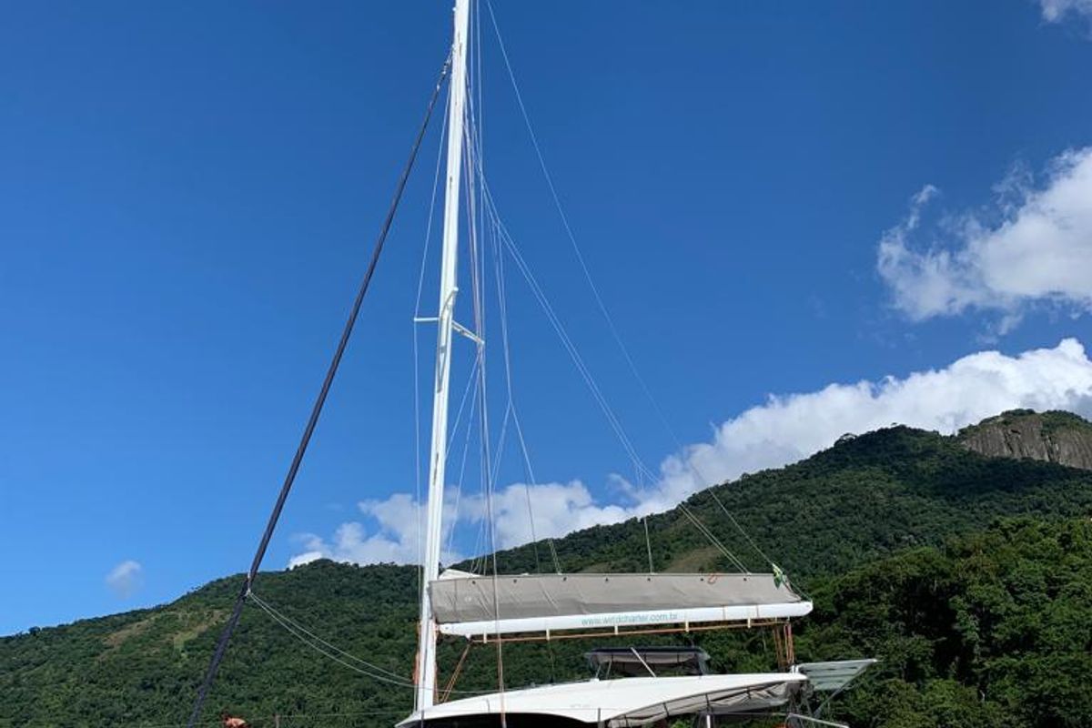 Exterior view of Kanhka, a CatFlash 43 catamaran at Paraty, Brazil
