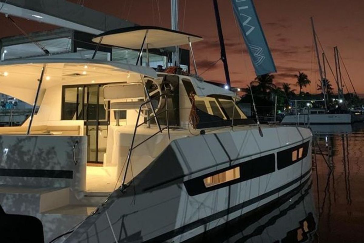 Exterior view of Kanhka, a CatFlash 43 catamaran at Paraty, Brazil