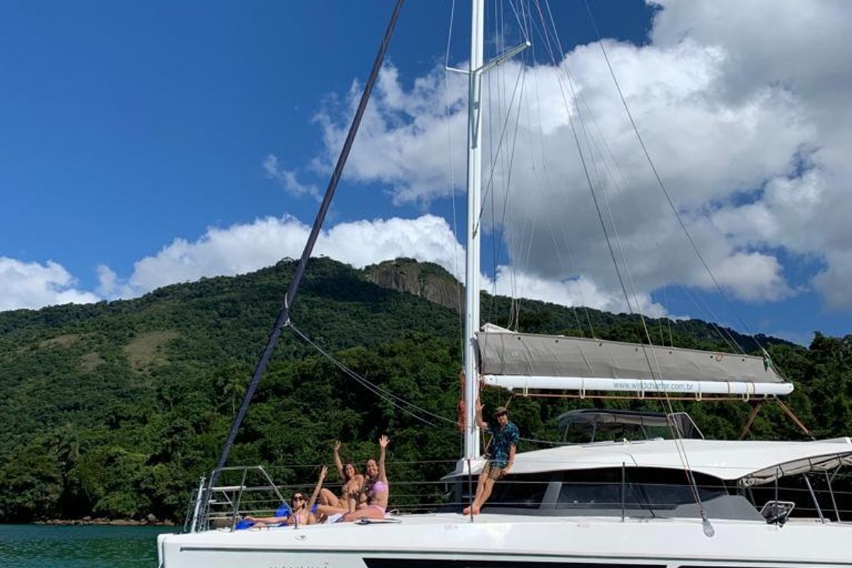 Exterior view of Kanhka, a CatFlash 43 catamaran at Paraty, Brazil
