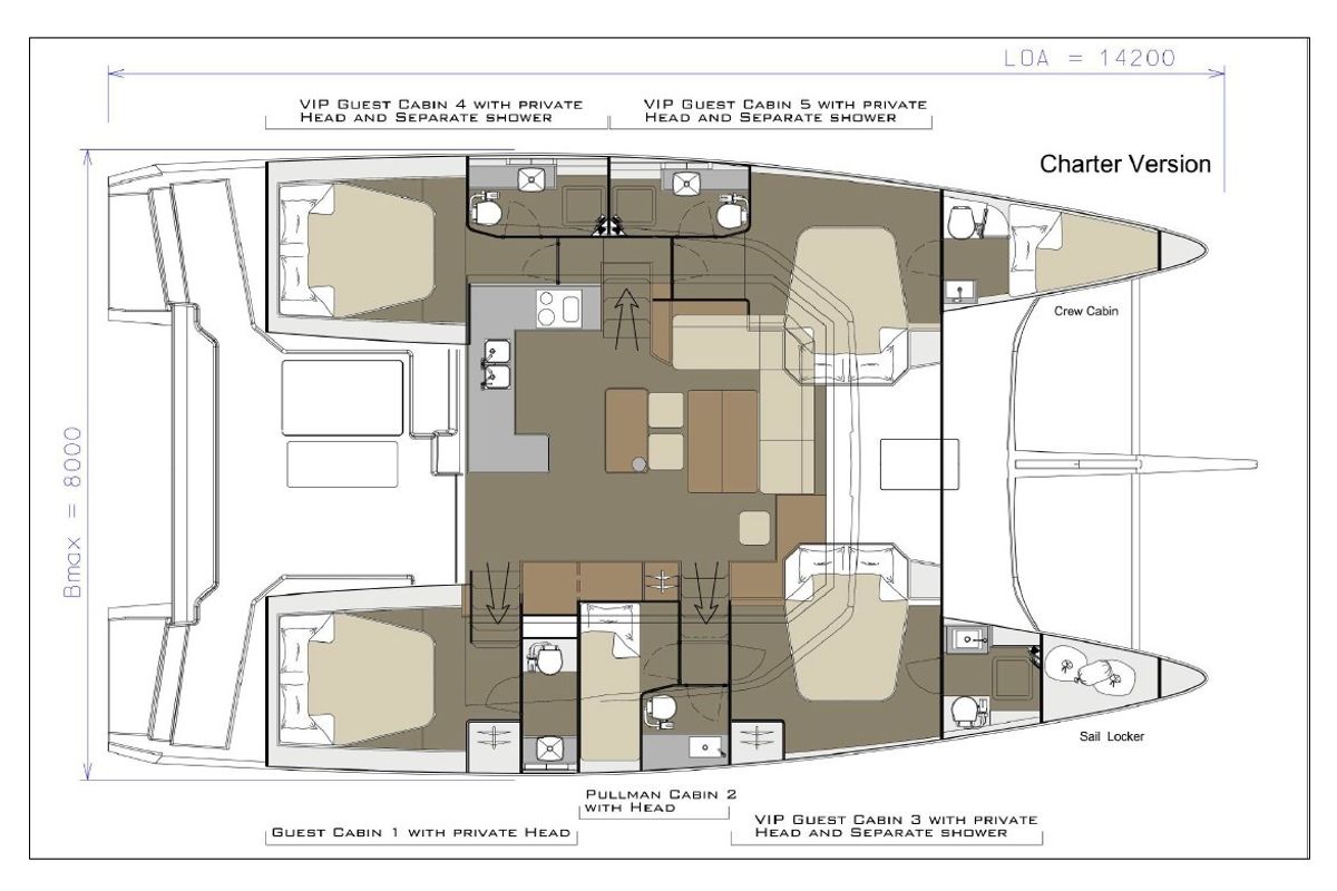 Floor plan of Angela, a Dufour Catamaran 48 catamaran at Salerno, Italy