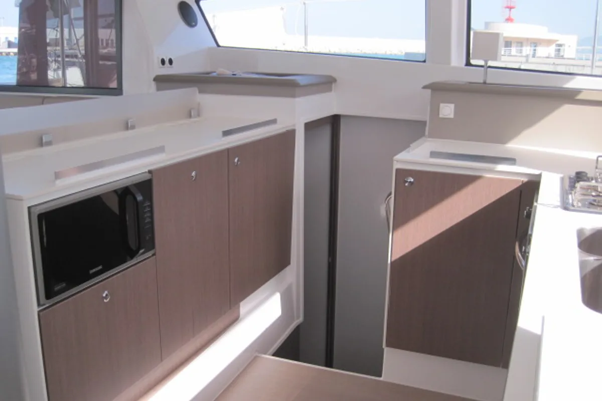 Galley of Maria Elena, a Bali 4.3 catamaran at Capo d'Orlando, Italy