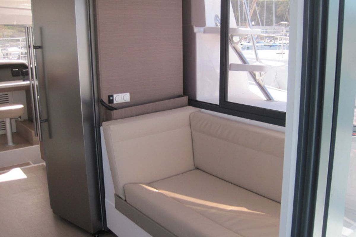 Salon of Maria Elena, a Bali 4.3 catamaran at Capo d'Orlando, Italy