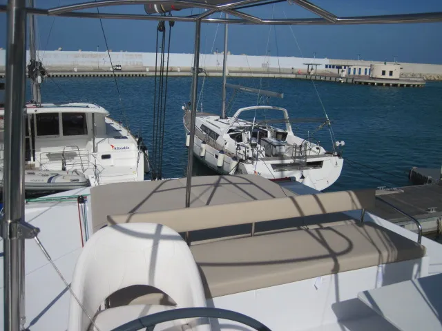 Cockpit of Maria Elena, a Bali 4.3 catamaran at Capo d'Orlando, Italy