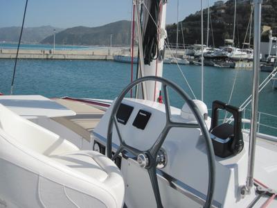 Cockpit of Maria Elena, a Bali 4.3 catamaran at Capo d'Orlando, Italy