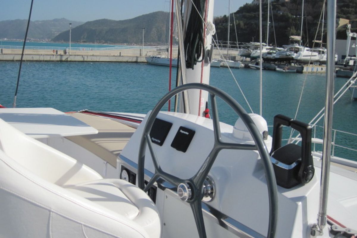 Cockpit of Maria Elena, a Bali 4.3 catamaran at Capo d'Orlando, Italy