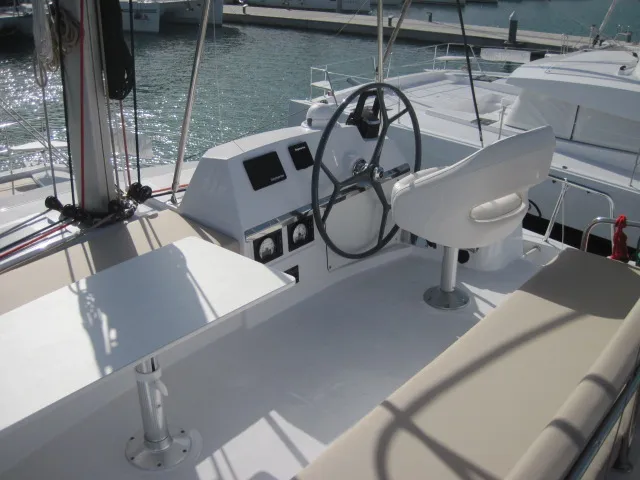Cockpit of Maria Elena, a Bali 4.3 catamaran at Capo d'Orlando, Italy