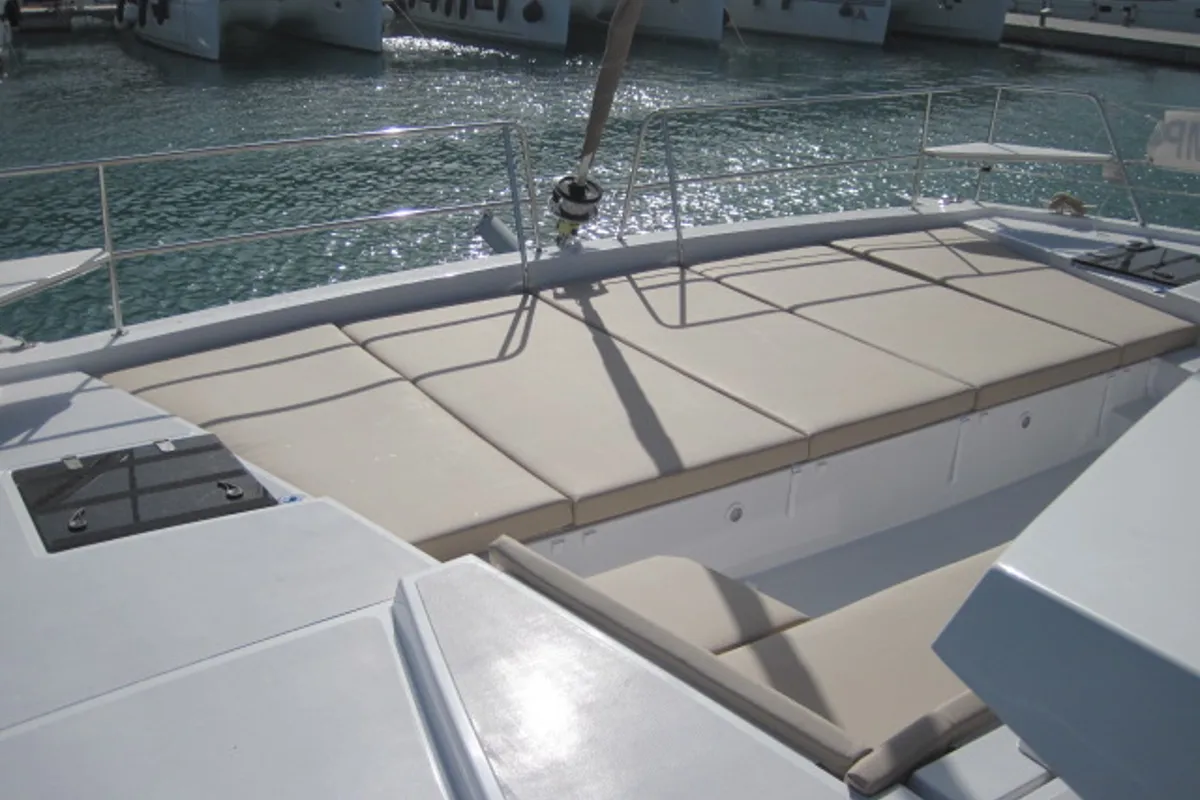 Deck of Maria Elena, a Bali 4.3 catamaran at Capo d'Orlando, Italy