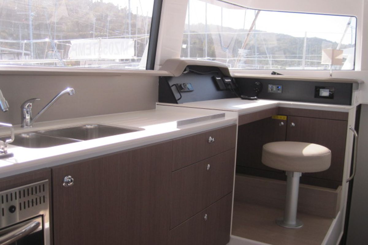 Galley of Maria Elena, a Bali 4.3 catamaran at Capo d'Orlando, Italy