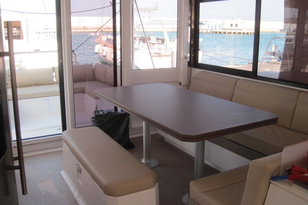 Salon of Maria Elena, a Bali 4.3 catamaran at Capo d'Orlando, Italy