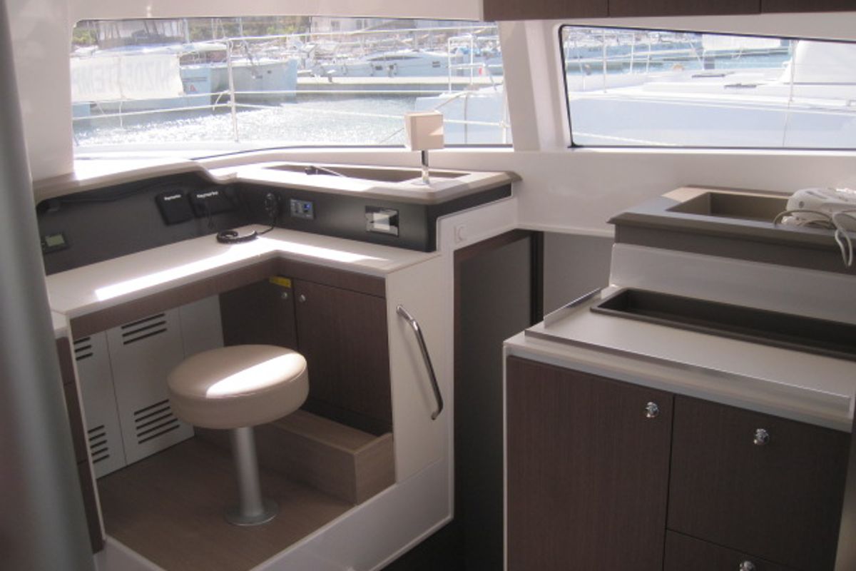 Cockpit of Maria Elena, a Bali 4.3 catamaran at Capo d'Orlando, Italy