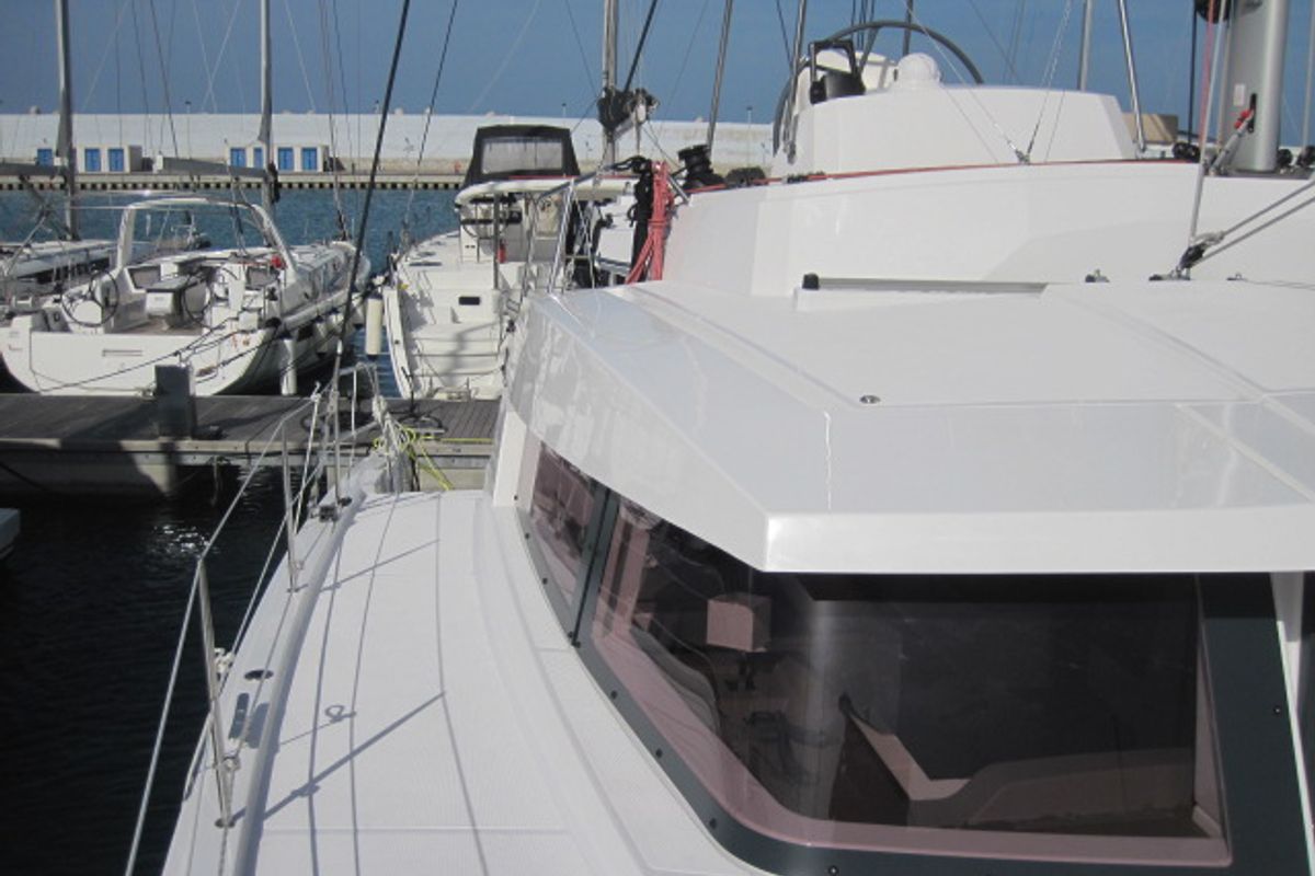 Exterior view of Maria Elena, a Bali 4.3 catamaran at Capo d'Orlando, Italy