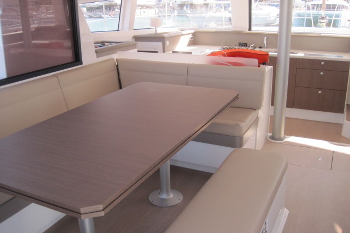 Salon of Maria Elena, a Bali 4.3 catamaran at Capo d'Orlando, Italy