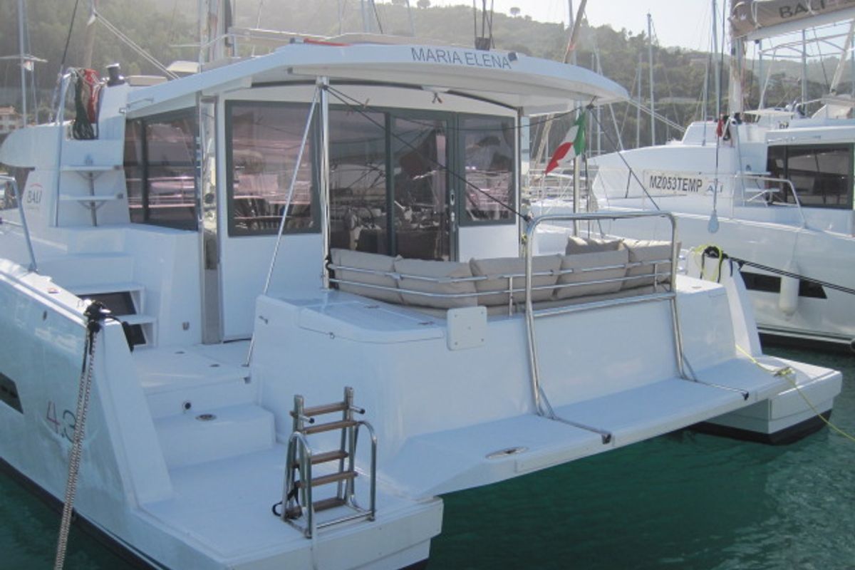 Exterior view of Maria Elena, a Bali 4.3 catamaran at Capo d'Orlando, Italy