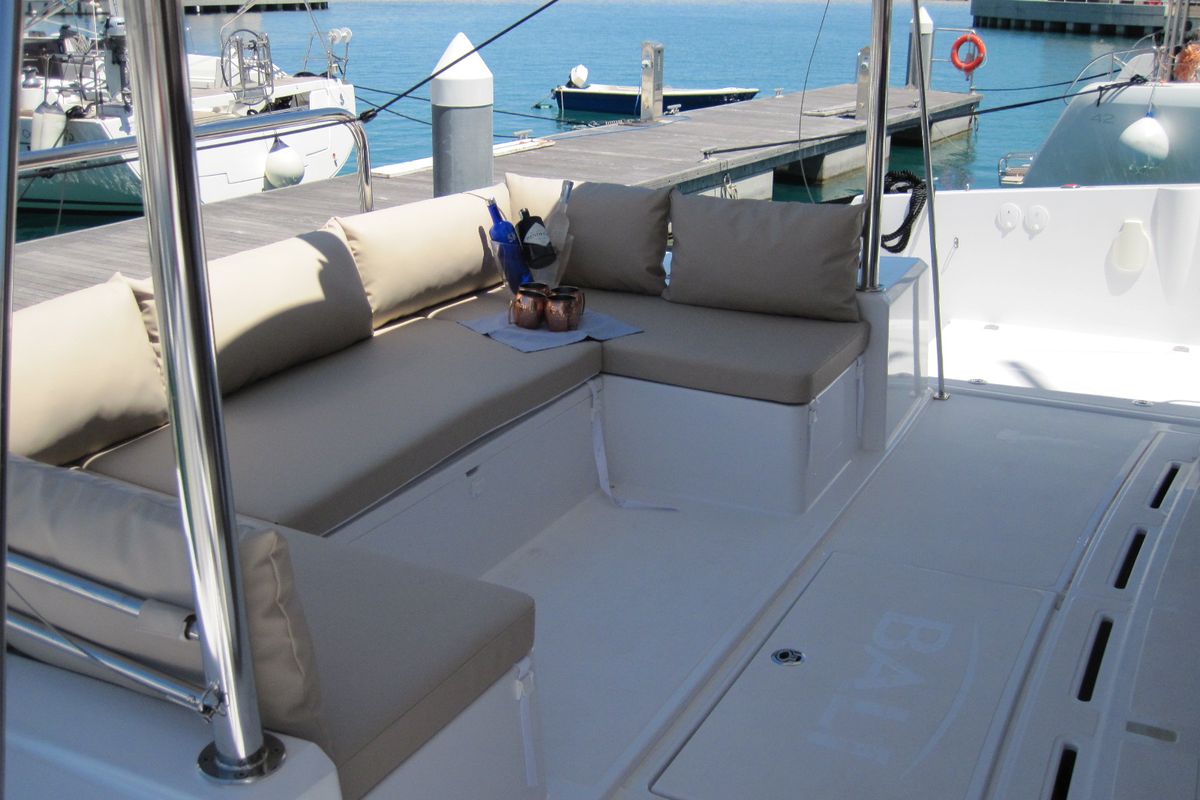 Deck of Maria Elena, a Bali 4.3 catamaran at Capo d'Orlando, Italy