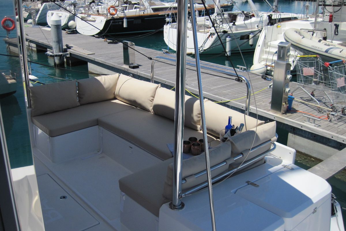 Deck of Maria Elena, a Bali 4.3 catamaran at Capo d'Orlando, Italy