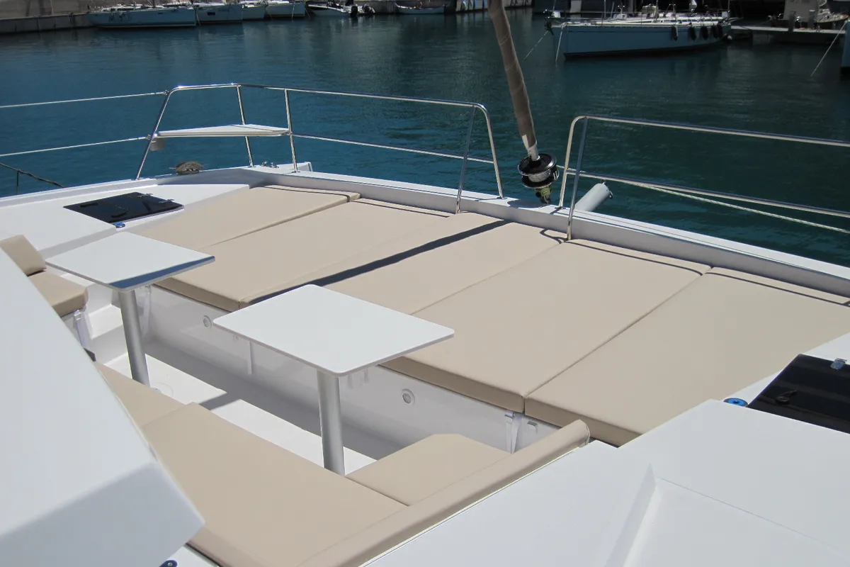 Deck of Maria Elena, a Bali 4.3 catamaran at Capo d'Orlando, Italy