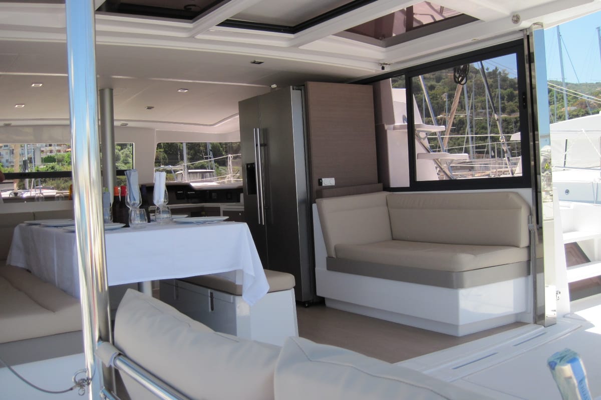 Salon of Maria Elena, a Bali 4.3 catamaran at Capo d'Orlando, Italy