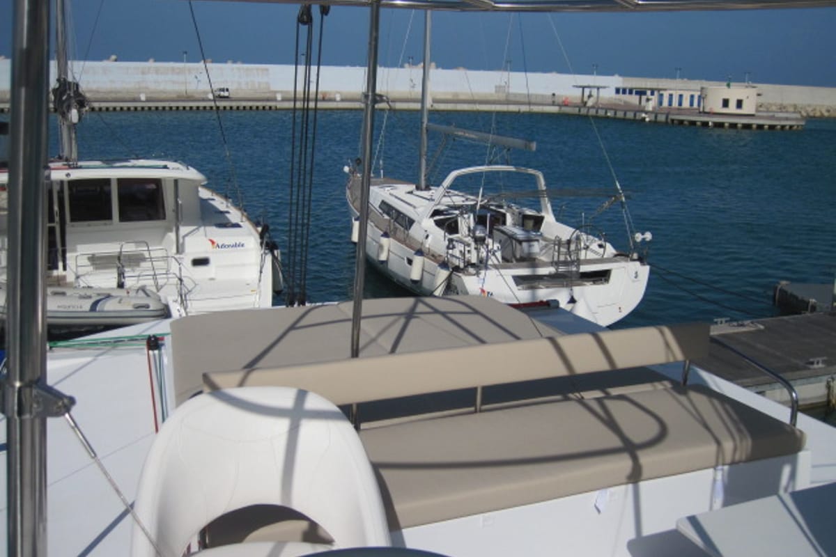 Cockpit of Maria Elena, a Bali 4.3 catamaran at Capo d'Orlando, Italy