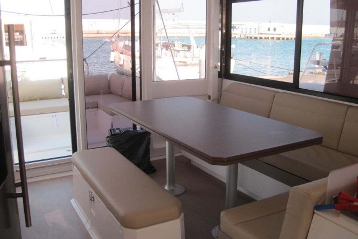 Salon of Maria Elena, a Bali 4.3 catamaran at Capo d'Orlando, Italy